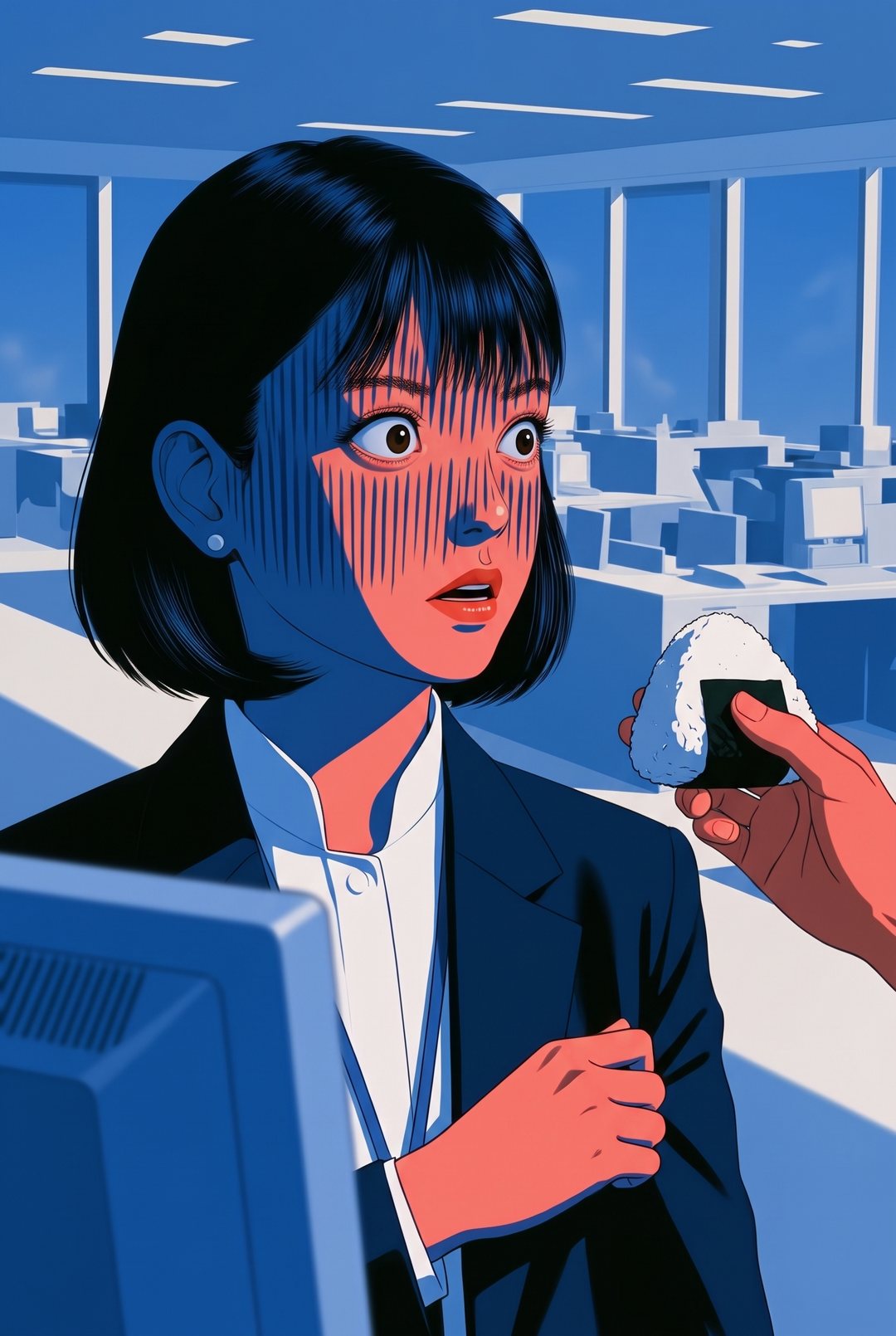 女性のアドバイザーの寄り。青ざめて固まる。横から、おにぎりを持った男性の手。