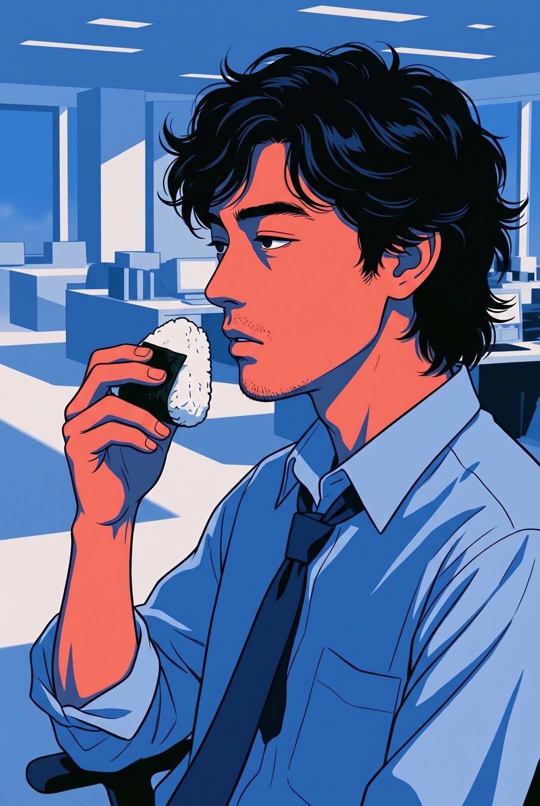 波打つ髪の男性の寄り。おにぎりを口の前で止め、眠そうな目のまま少しだけ真顔になる。