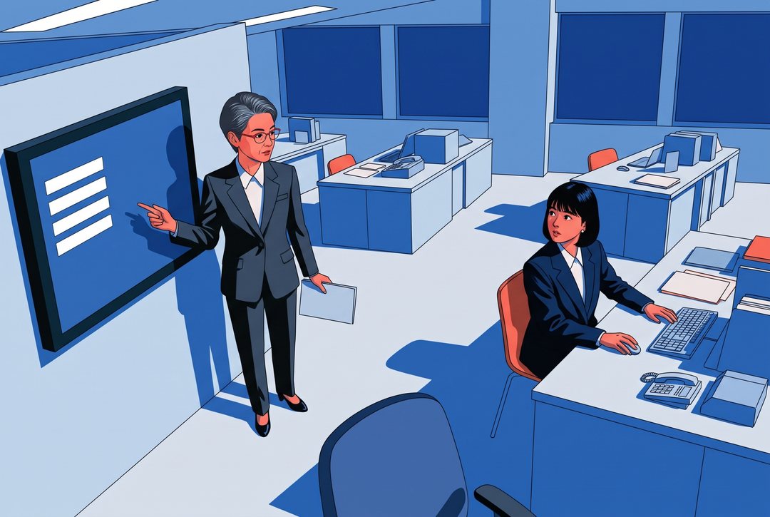 夕方の営業のフロアを上から。大きな画面を指さす短い髪の課長。右の席で、女性のアドバイザーがキーボードから手を止めて見上げる。窓の外は濃い群青。