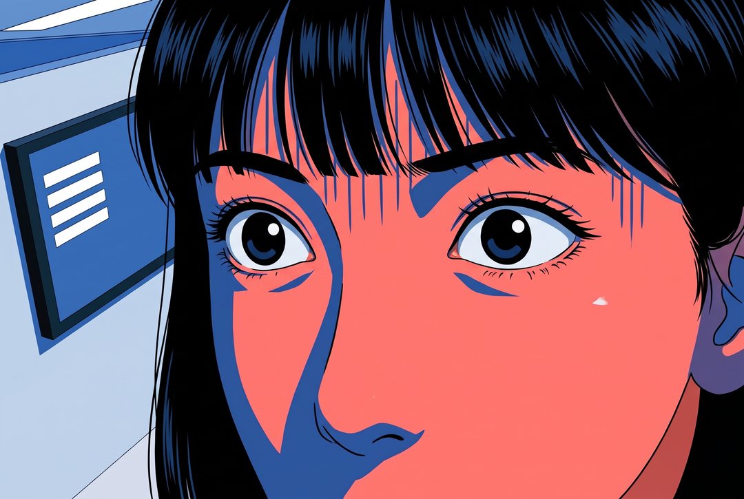 女性のアドバイザーの目の寄り。見開いたまま、まばたきをしない。
