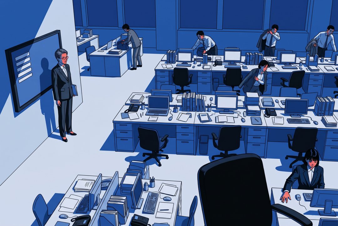 夜の営業のフロアの全景を上から。帰り支度の人たちの中、大きな画面の前に立つ課長と、離れた席に1人座ったままの小さな女性のアドバイザー。窓の外は濃い群青。