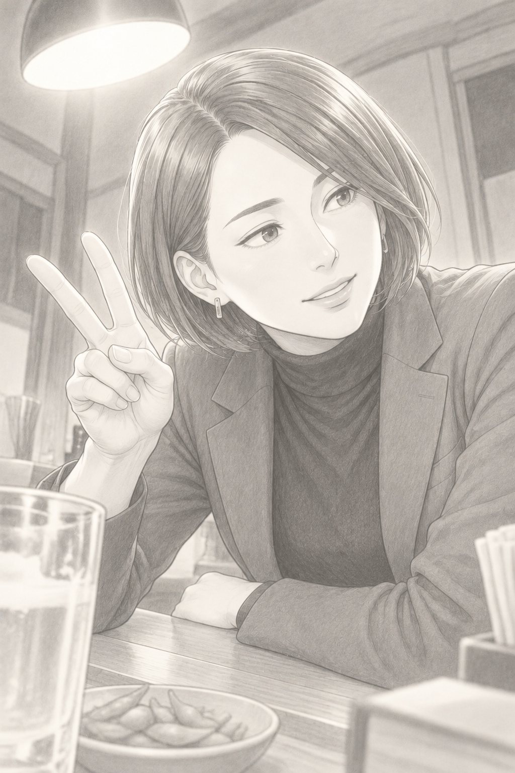カウンターに肘をつき、指を2本立ててみせる女性の寄り。少しいたずらっぽく、でも真剣な目。