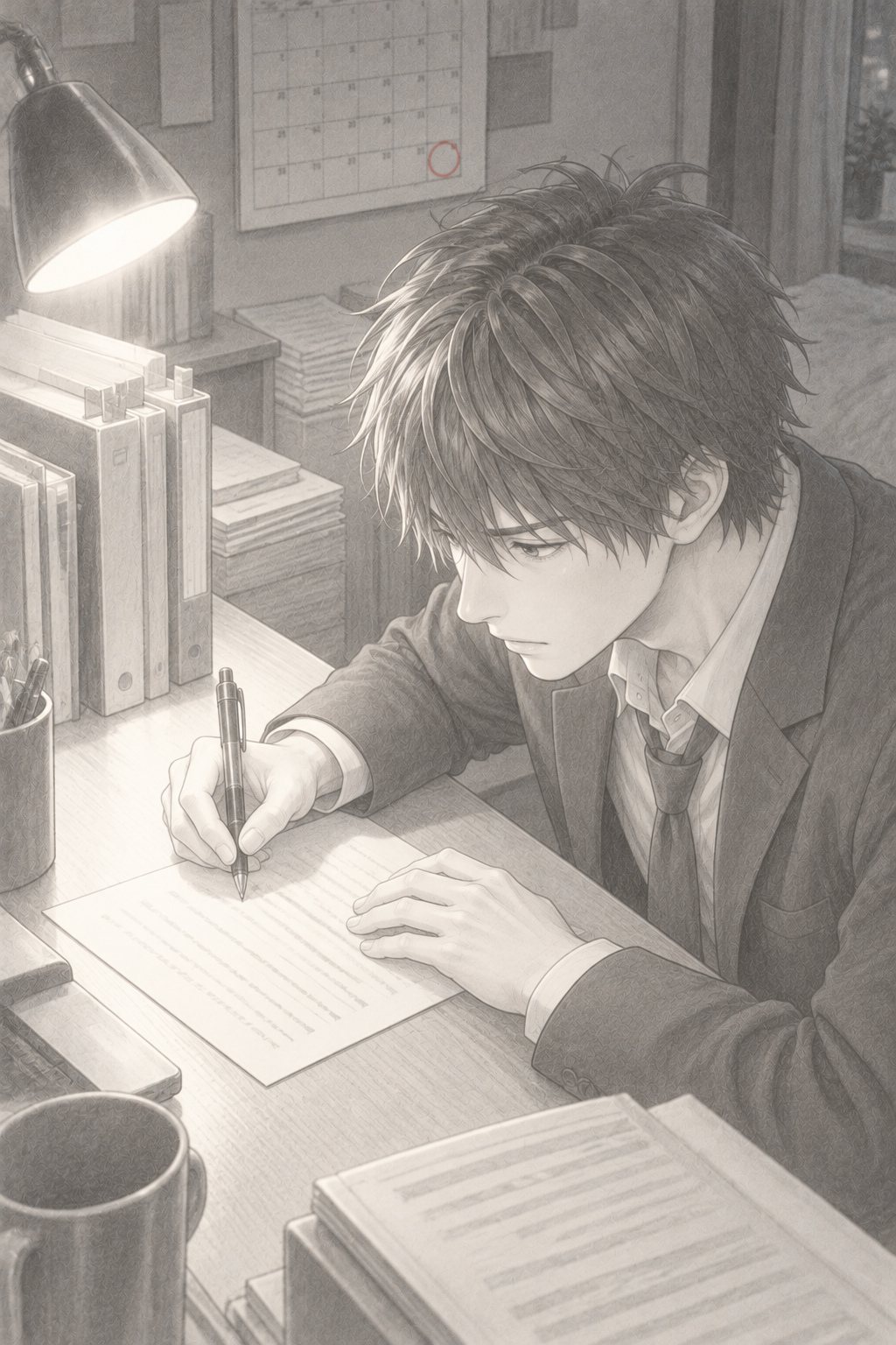 夜のアパートの小さな机。白い机の灯りの下で、若い男性が便箋にペンで書いている(字は読めない線だけ)。横に、付箋の付いた分厚いファイルの山。壁のカレンダーに赤い丸。