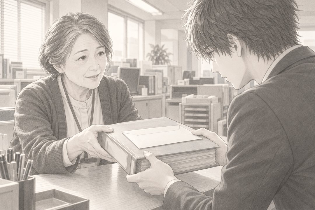 人事部の窓口。若い男性社員が、白い封筒と分厚いファイルを両手で差し出す。窓口の向こうで、カーディガンの年配の女性の人事の担当が受け取る。朝の白い光。