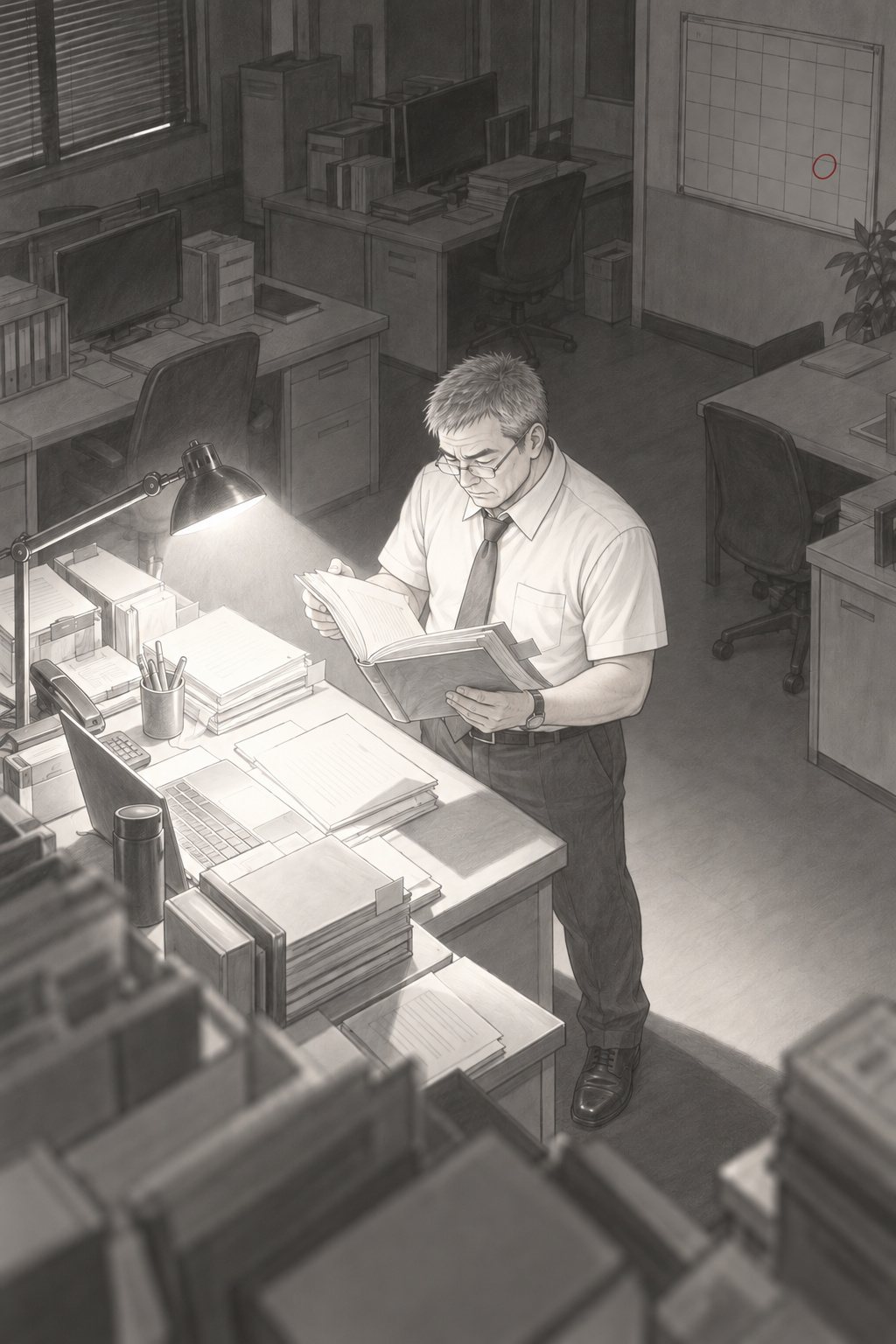 夜の、誰もいない営業部。ひとつだけ点いた机の灯りのそばに立ったまま、老眼鏡をかけた部長が、付箋の付いた分厚いファイルを読んでいる。奥の壁のカレンダーに赤い丸。