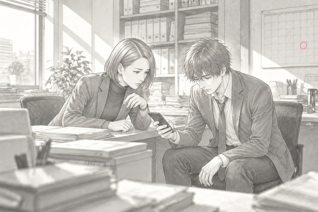 雑居ビルの小さな社会保険労務士の事務所。書類の棚の前の机で、ショートボブの女性が若い男性の差し出すスマートフォンの画面をのぞきこむ。男性はうなだれている。窓から白い昼の光。