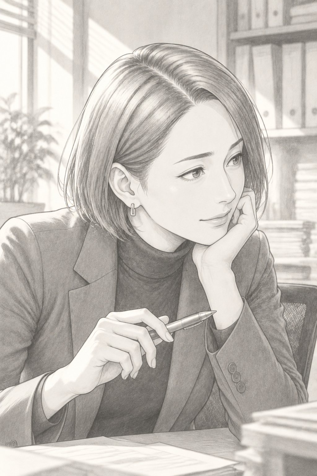 机に頬杖をつき、片方の眉を上げて小さく笑う、ショートボブの女性の寄り。ペンを指先に軽く持っている。