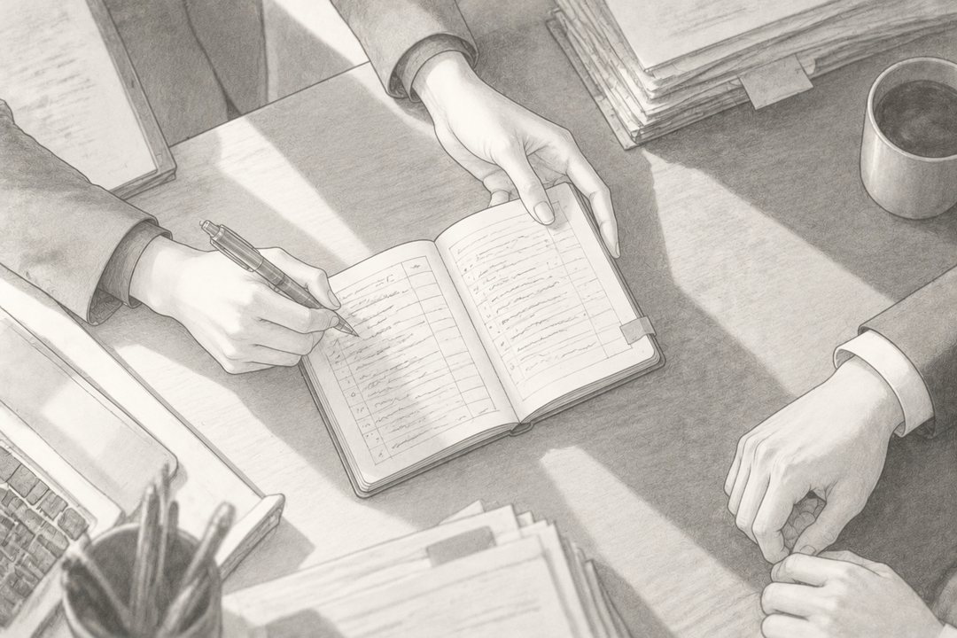 真上から見た事務所の机。女性の手が、自分の手帳にボールペンで短い表を書き、向かいの若い男性の方へ向けて差し出す（字・数字は読めない線だけ）。