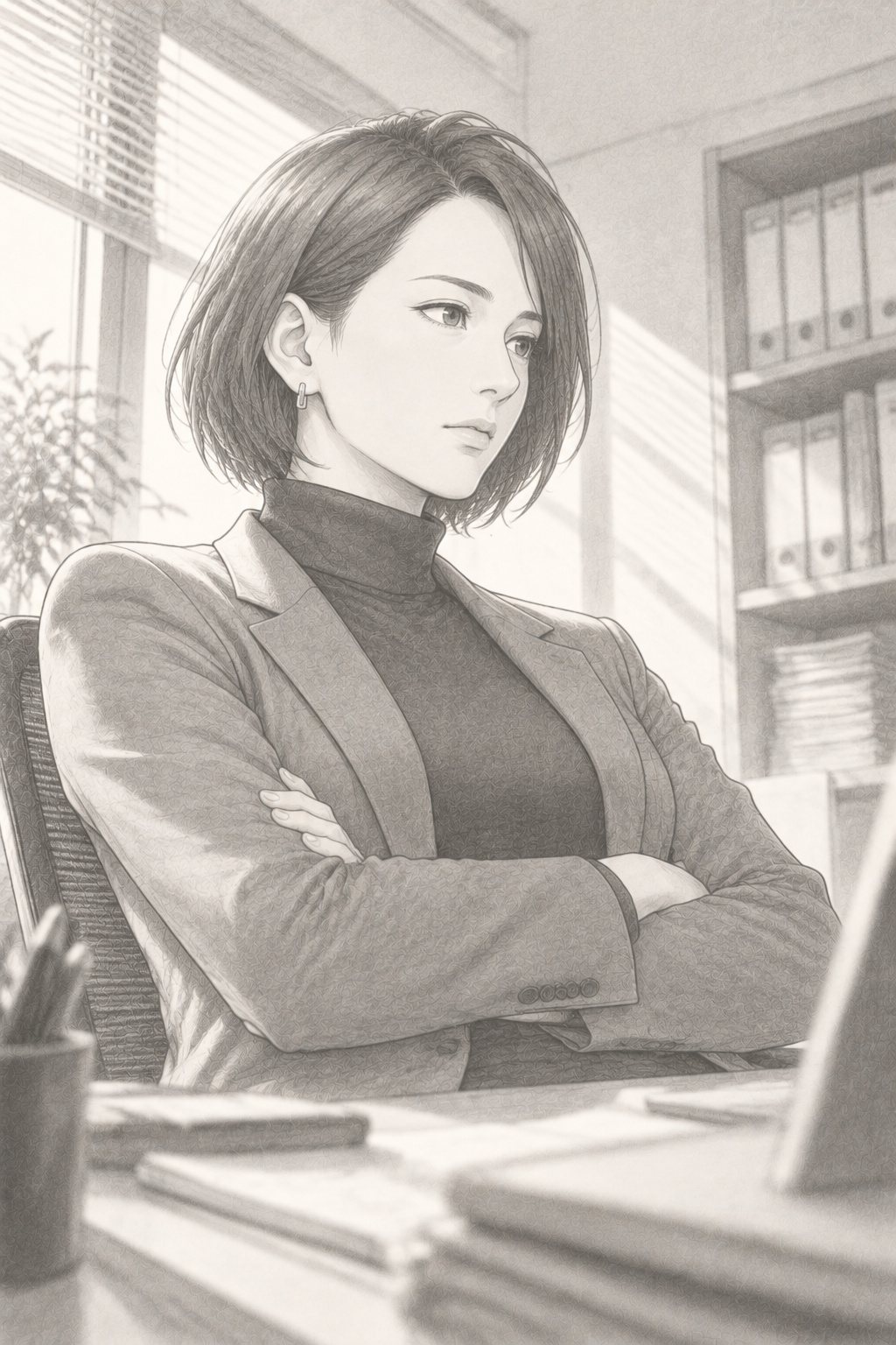 椅子の背にもたれて腕を組み、右の方へ目を向ける、ショートボブの女性。きびしいが、やさしい目。窓の白い光が横から当たる。