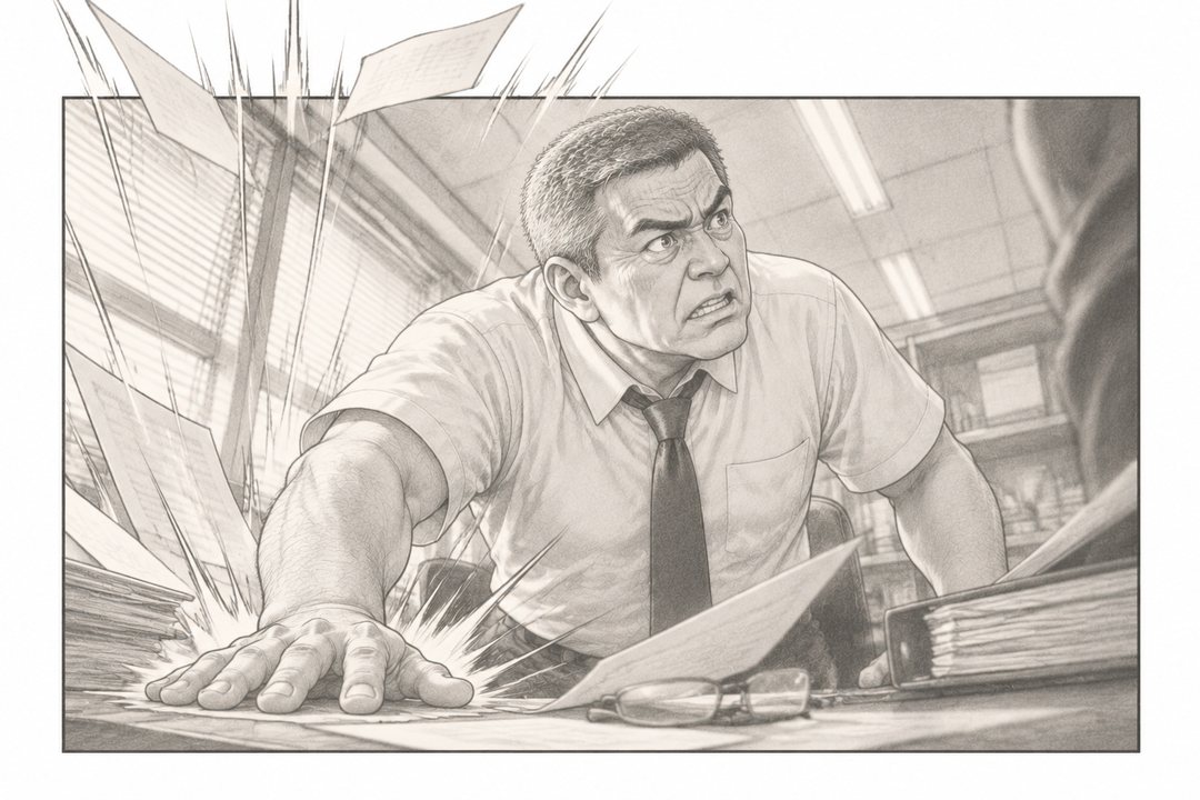 机に手のひらを叩きつけて身を乗り出す部長。机の上の書類が跳ね上がる。下から見上げる角度。