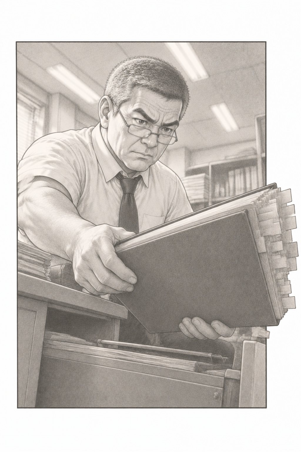 部長が机の引き出しから、もう1冊の同じファイルを取り出す。鉛筆の書き込みの付箋がびっしり貼られている。少し下から見上げる角度。