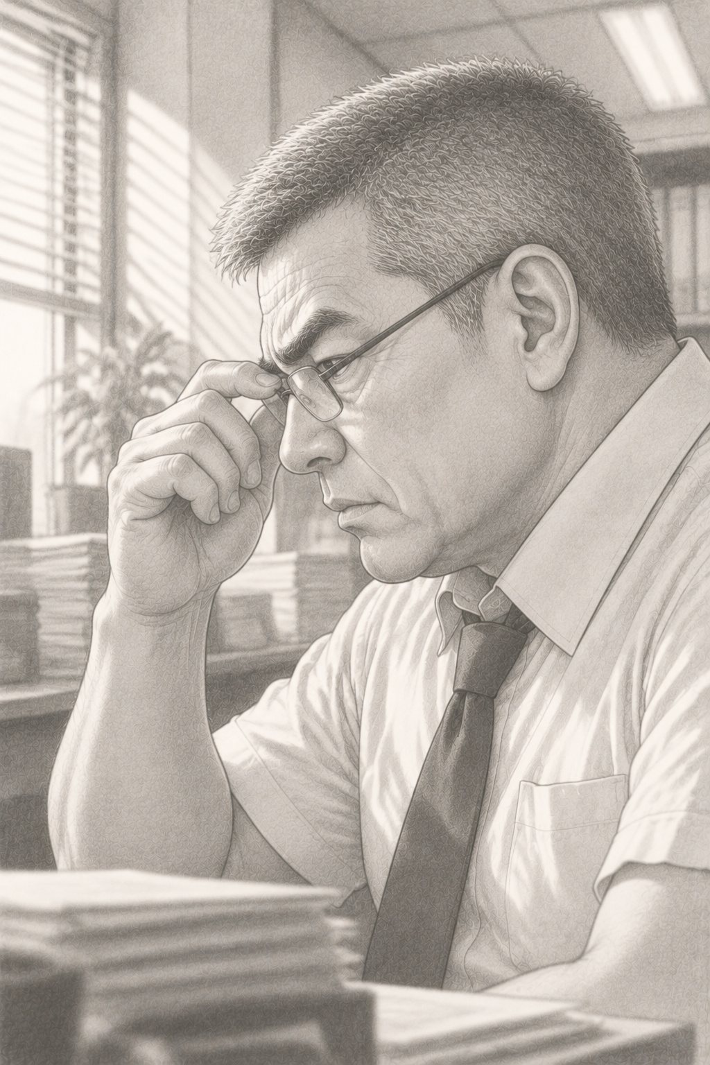 老眼鏡をかけ直しながら、横を向く部長の横顔。口はへの字のまま、眉間のしわが少しゆるむ。