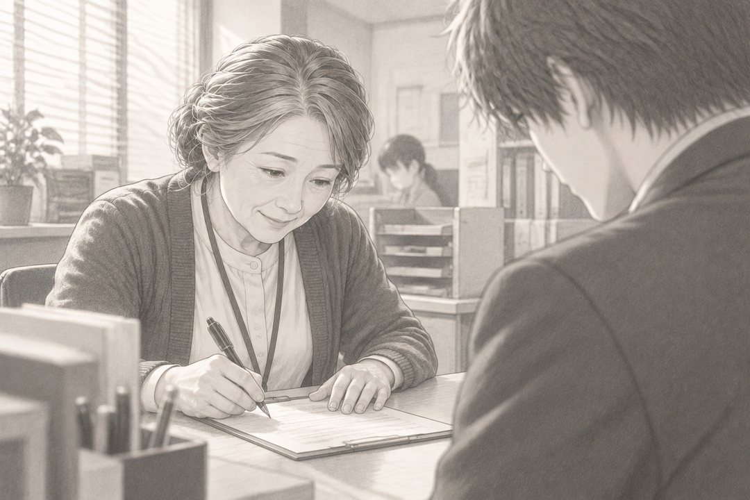 人事部の窓口。カーディガンの年配の女性の人事の担当が、受け取った紙に日付を書きこむ。窓口のこちらで、若い男性社員が待っている。