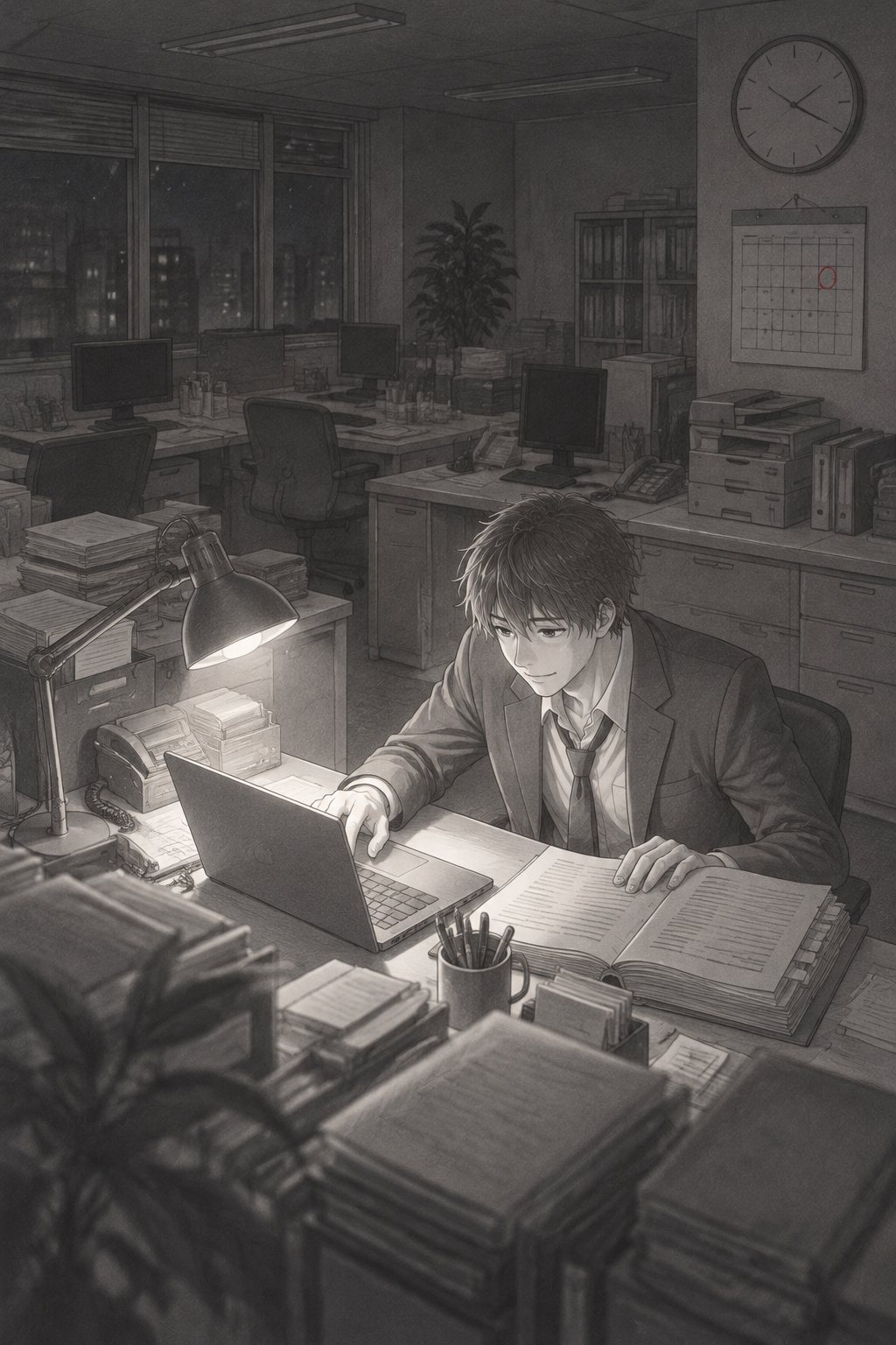夜の営業部。誰もいない島で、若い男性社員が1人、ノートパソコンと分厚いファイルに向かっている。壁の時計と、カレンダーの赤い丸。上から見下ろす角度。