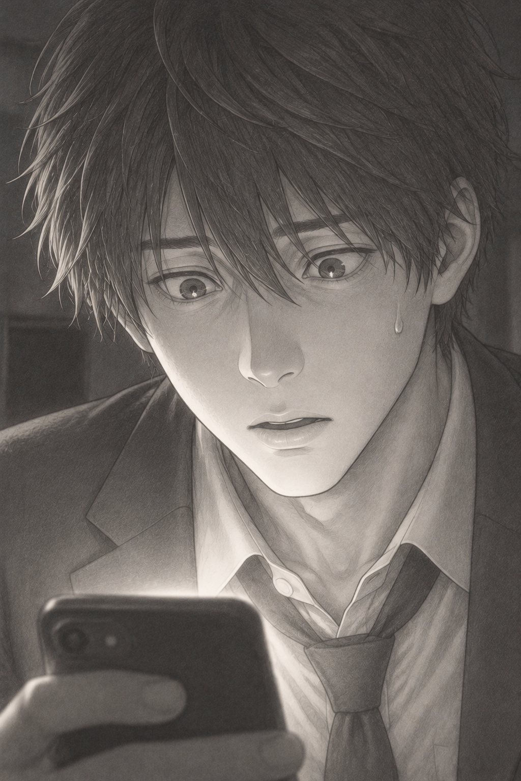 スマートフォンの光だけに照らされた、若い男性社員の顔の大写し。目を見開いたまま、こめかみに汗。
