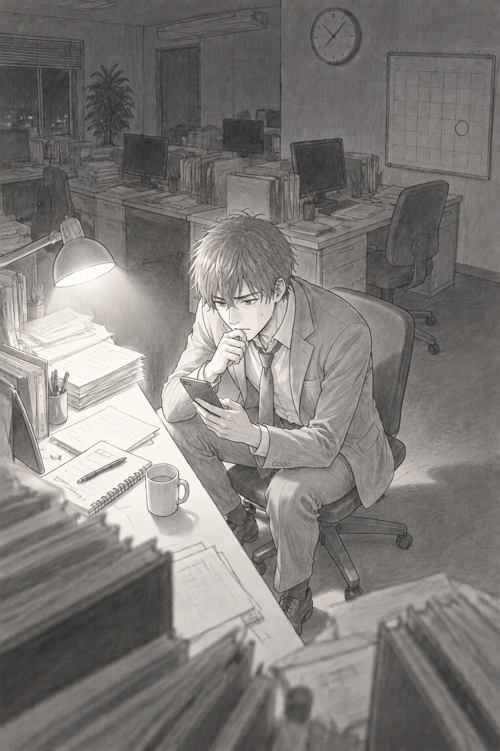 夜の営業部。誰もいない島で、若い男性社員が自分の席に座ったまま、口元に手を当てて、手の中のスマートフォンを見つめている。壁の時計とカレンダーの赤い丸。上から見下ろす角度。
