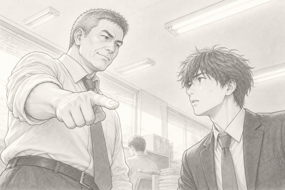 4年前の春の営業部（思い出の場面）。今より白髪の少ない部長が、口の端で笑いながら前へ指をつき出す。真新しいスーツの若い新入社員が、部長の顔を見上げている。