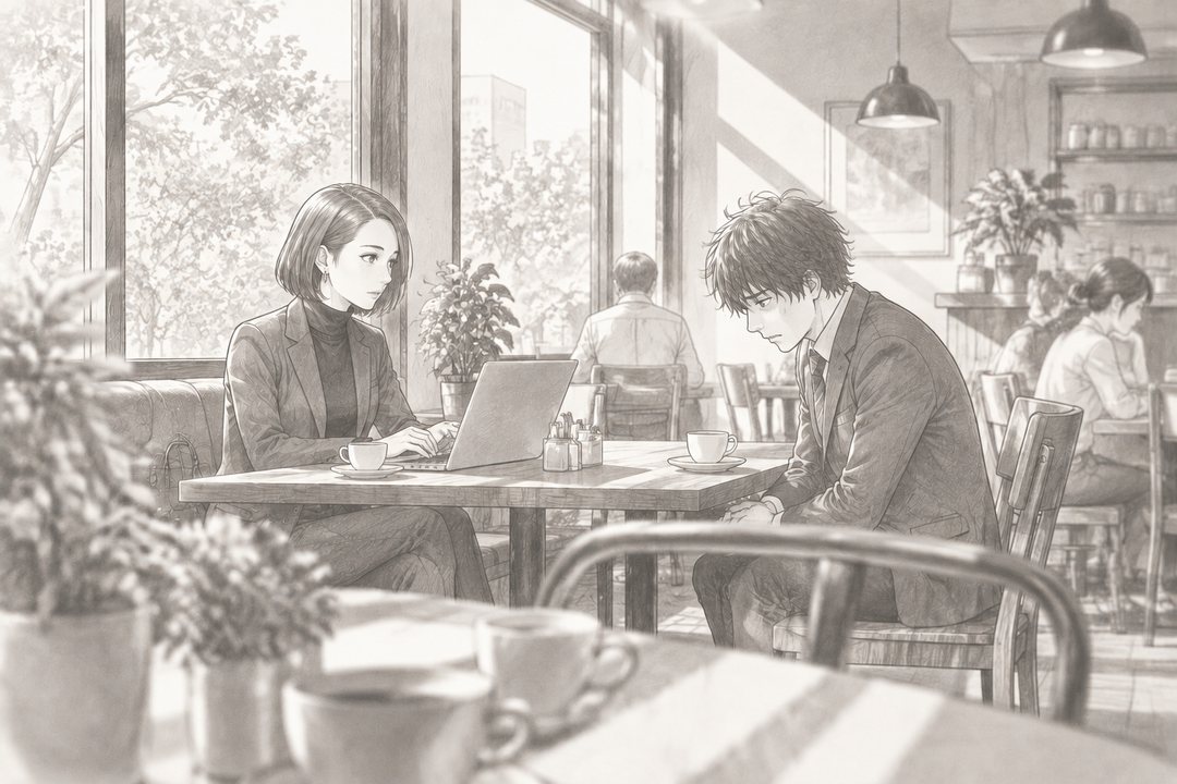 会社の近くの喫茶店。窓ぎわの席で、ショートボブの女性がノートパソコンを開き、向かいの若い男性社員が肩を落としている。白い昼の光。