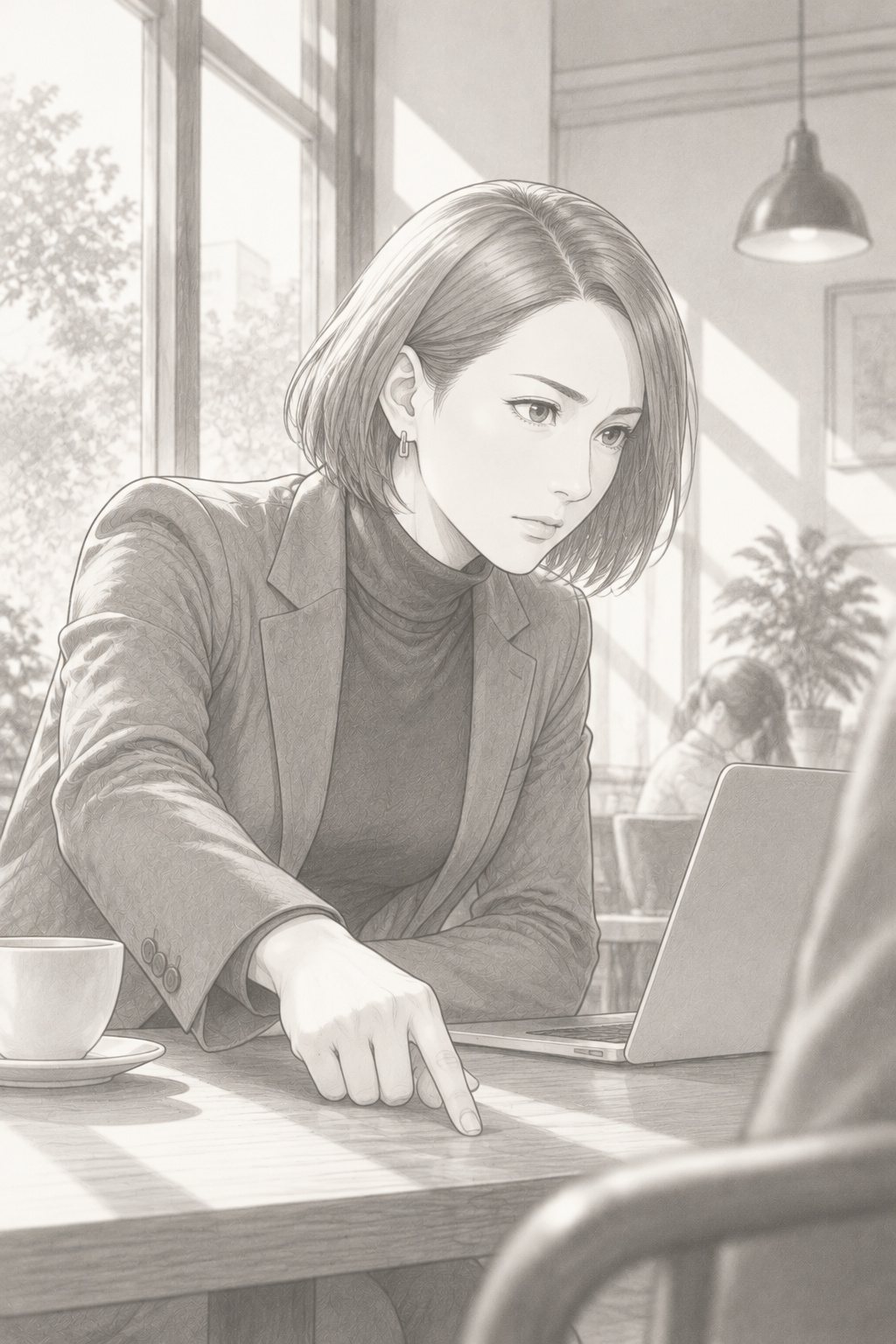 テーブルに身を乗り出し、人差し指でテーブルを軽く叩く、ショートボブの女性。真剣な目。少し下から見上げる角度。