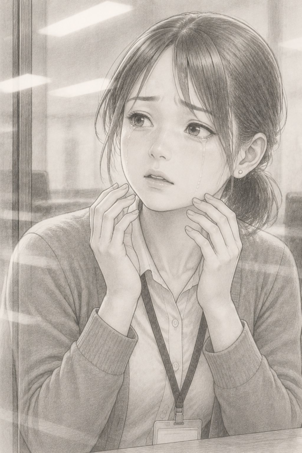 顔から両手を離し、涙のあとの残る顔を、ゆっくりガラスの方へ上げる若い女性社員。肩までの黒髪を後ろで結び、灰色のカーディガンに白いブラウス、首から社員証。