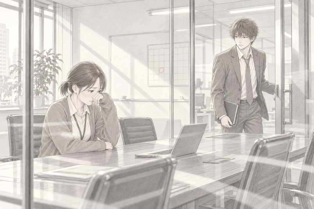 午後の会社の会議室。ガラスの扉を開けて入ってきた若い男性社員が、手帳を手に立ち止まる。長い机の端で、肩までの黒髪を後ろで結んだ若い女性社員が、灰色のカーディガンの袖で目元をぬぐう。窓の白い昼の光。目の高さ。