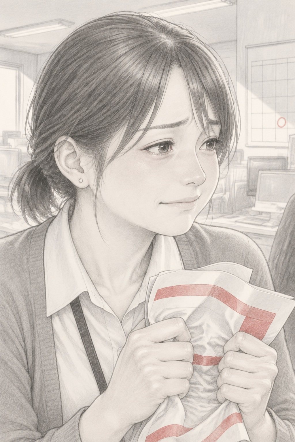 若い女性社員の寄り。目のふちを赤くしたまま、無理に口の端を上げる。両手で、くしゃくしゃになった試し刷りのチラシ(字は読めない線と色の帯だけ)を握る。前の絵より狭く、頭と肩で画面を埋める。窓の白い光。
