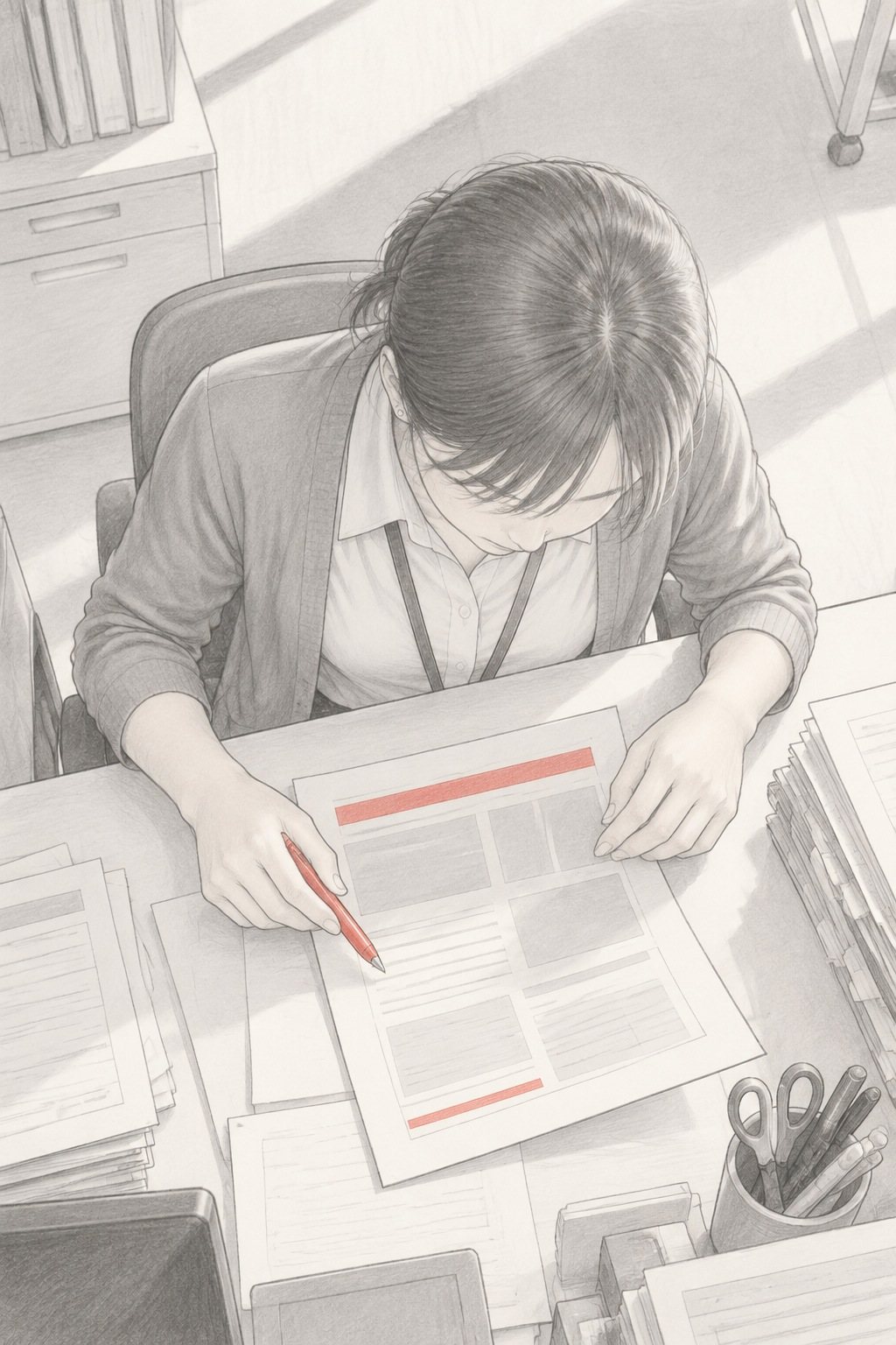 （思い出すように）上から見た自分の席。肩までの黒髪を後ろで結んだ若い女性社員が、赤ペンを手に、赤い帯の入ったチラシの試し刷り（字は読めない）を確かめる。