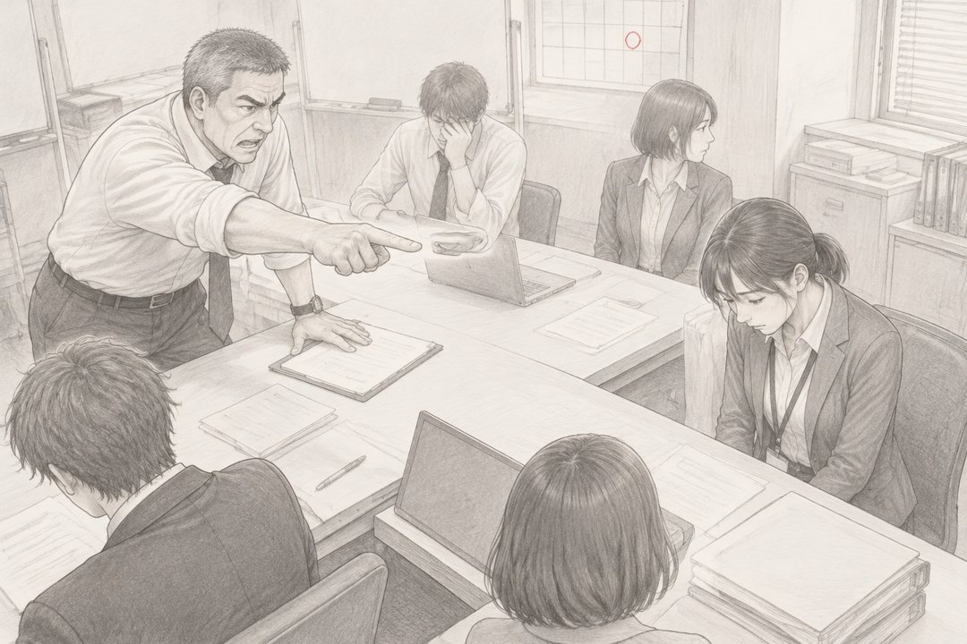 （思い出の場面）同じ会議室の会議。立ち上がった白髪まじりの角刈りの部長が、机越しに人差し指を突きつけて怒鳴る。机の端で、若い女性社員が肩をすくめて下を向く。ほかの社員たちは目をそらす。少し上から見下ろす角度。