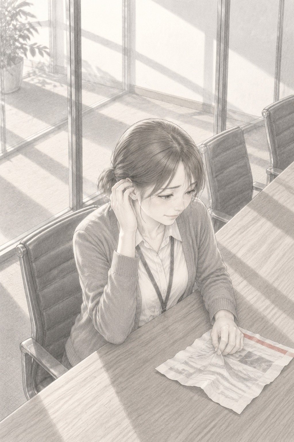 会議室の長い机の端に座る杏奈を、少し上から。背後は会議用のいすとガラス壁の窓の光だけ。無理に笑って濡れた目で、片手で髪を耳にかけ、もう片手を机の上のしわのあるチラシ(字は読めない線と小さな赤い帯)に置く。