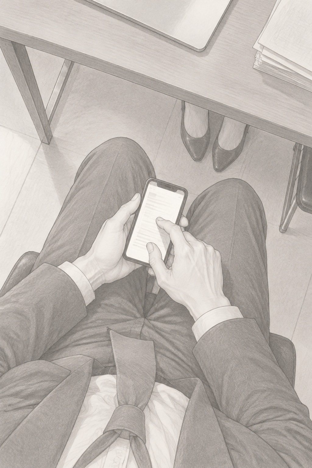 会議室の机の下。若い男性社員の手が、膝の上でスマートフォンを打つ(画面は白い光と線だけ)。袖と膝、机の脚、向かいの女性社員の足もとが写る。真上に近い角度から。