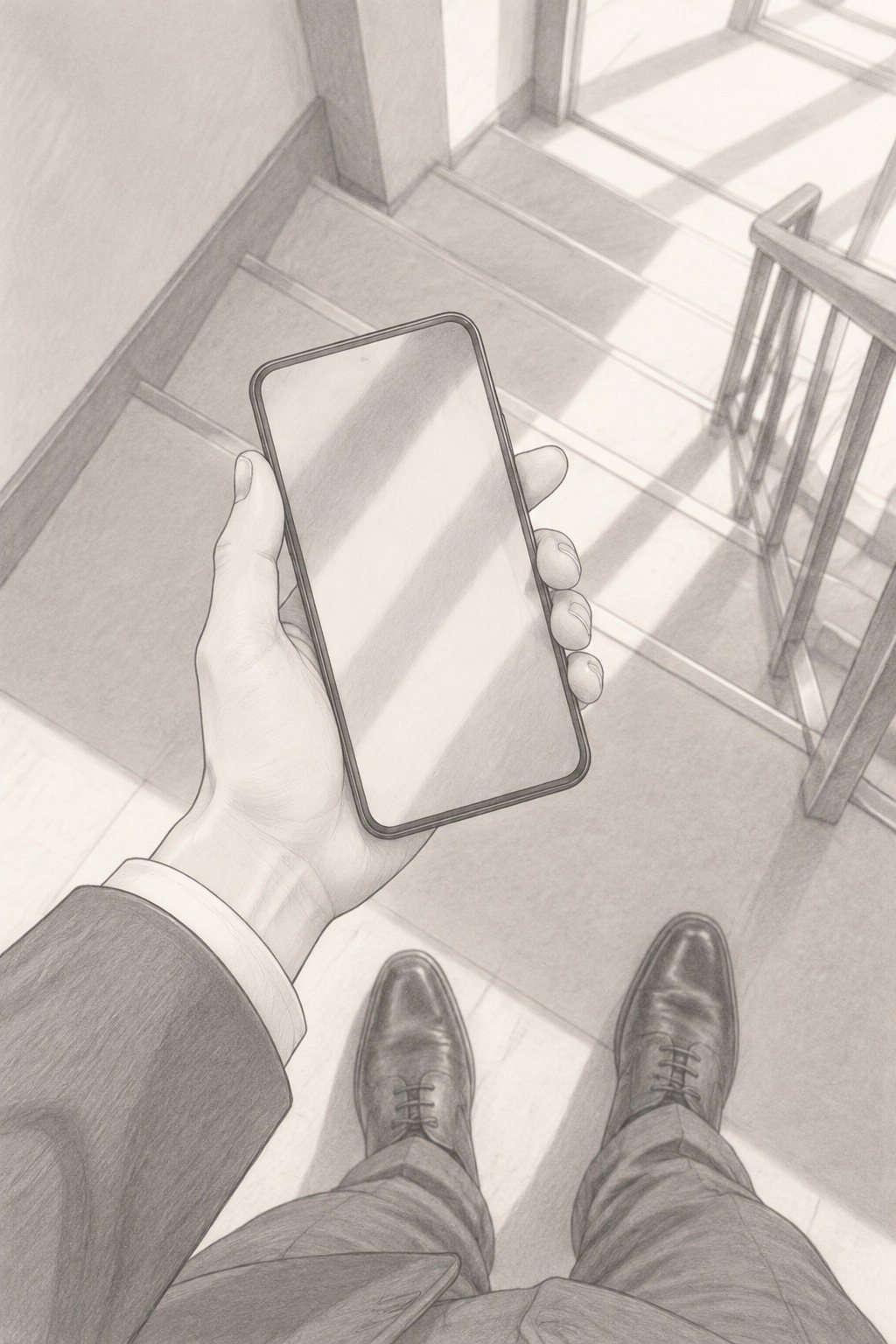 上から階段。スマホ（画面は字が読めない）を持つ手と、会社の靴の先。