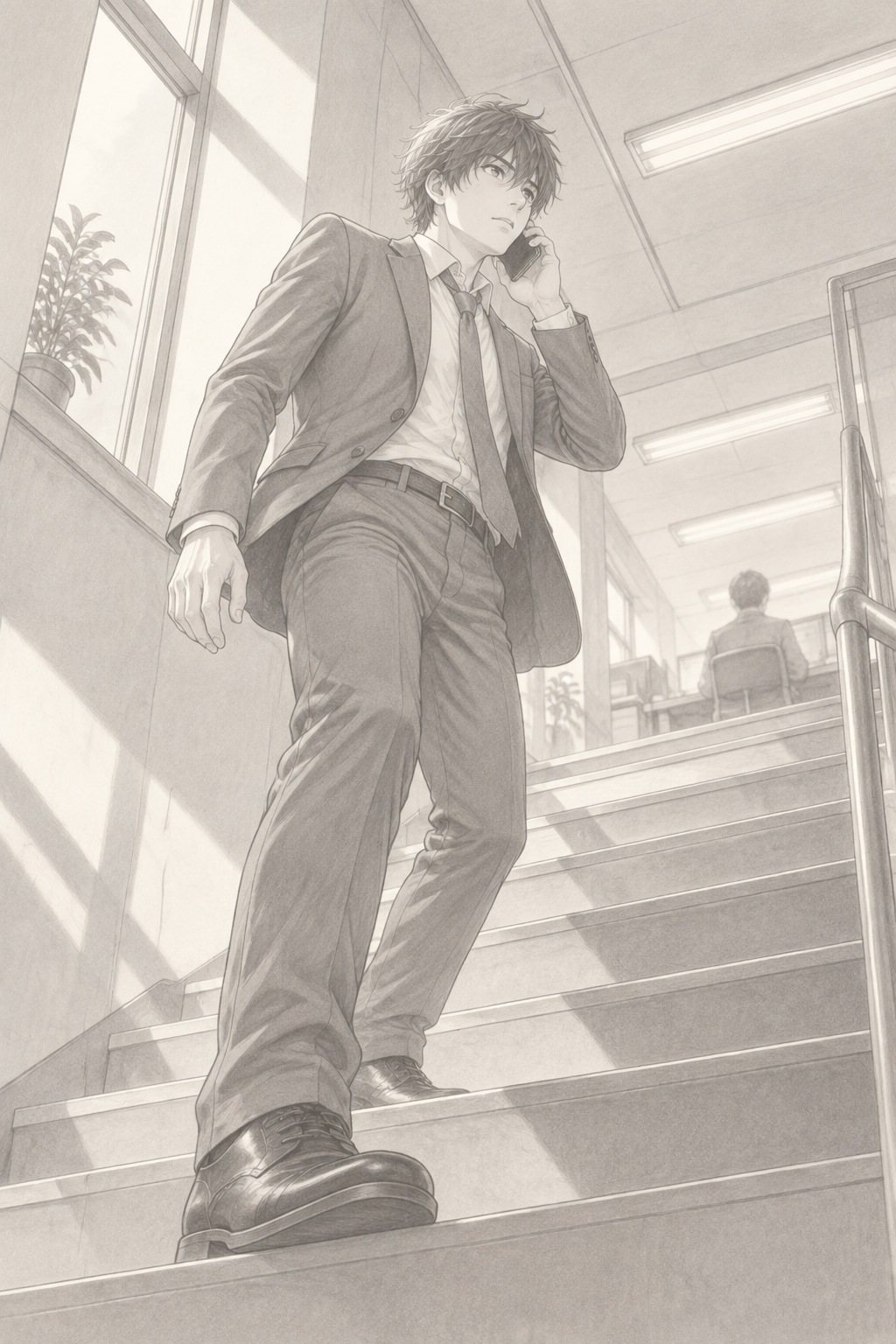 非常階段の途中に立つ若い男性社員。スマートフォンを耳に当てたまま、上の階（営業部のある階）の方を見上げる。決めかけた目。階段の下の段から見上げる角度。