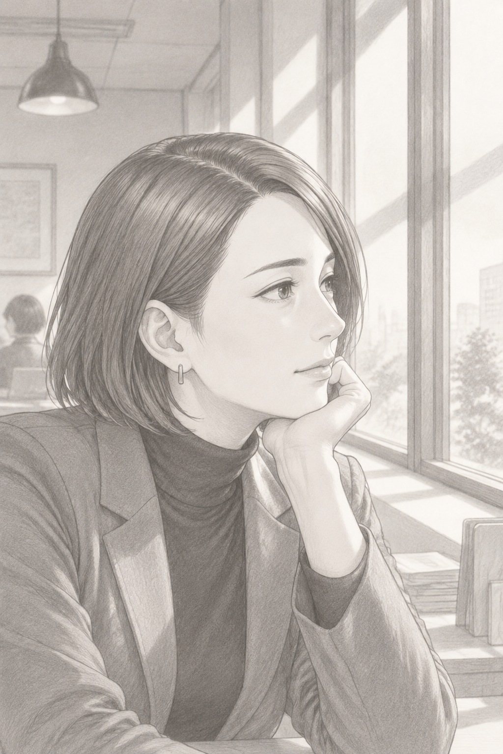 楢崎の横顔の寄り。頬杖をつき、窓の方を見て、少しやわらかく言う。
