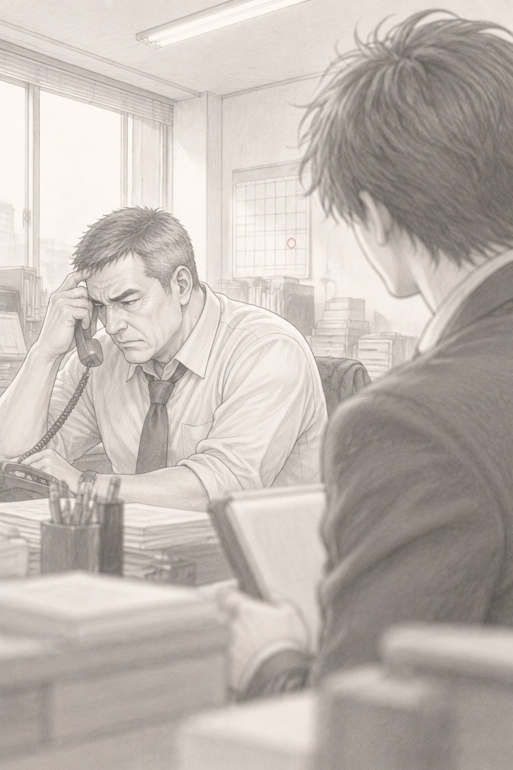 夕方の営業部の奥の部長の席。白髪まじりの角刈りの部長が、受話器を耳に当てたまま、こめかみを指で押さえる。右の手前に、手帳を持って立つ若い男性社員の背中と肩が大きくぼける。窓の白っぽい夕方の光。