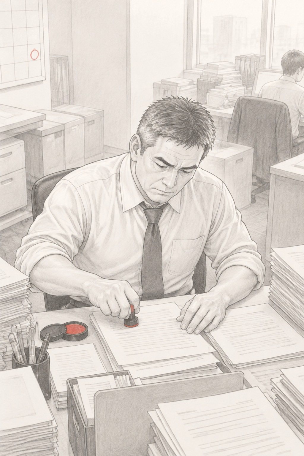 少し上から部長。顔を上げず、書類に判を押す。