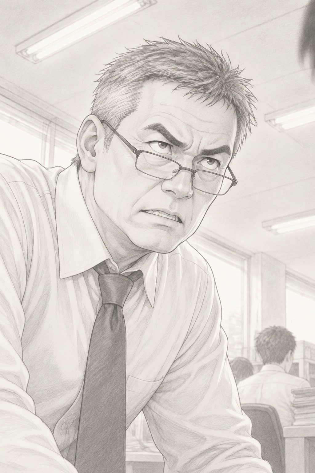 部長の顔の寄り。太い眉が跳ね上がり、老眼鏡越しににらみ上げる。前の絵より狭く、頭と肩で画面を埋める。少し下から。