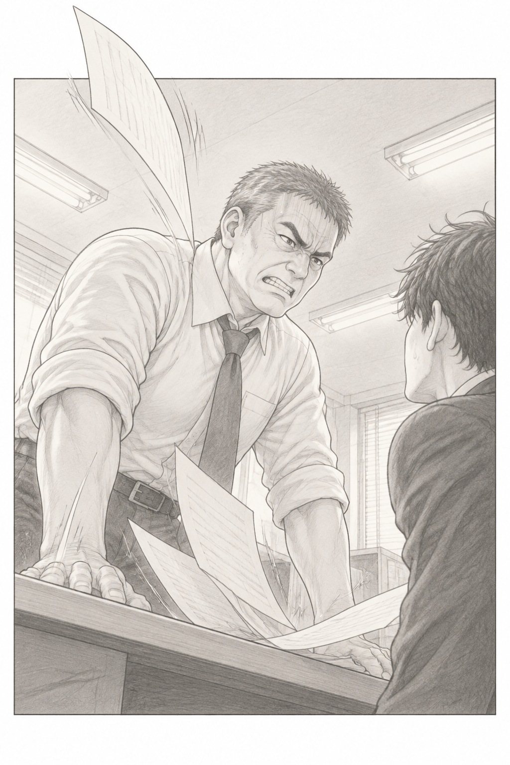 部長が立ち上がり、机に両手のひらを叩きつけて身を乗り出す。歯をむいた怒りの顔。机の書類が跳ねて、1枚が枠の上へ飛び出す。右の手前に若い男性社員の背中。下から見上げる角度。