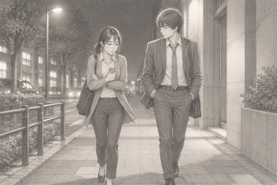 夜の会社の前の歩道。左に若い女性社員、右に若い男性社員が並んで歩く。女性はスマートフォンを胸に抱える。街灯の白い明かり。目の高さより少し上から。