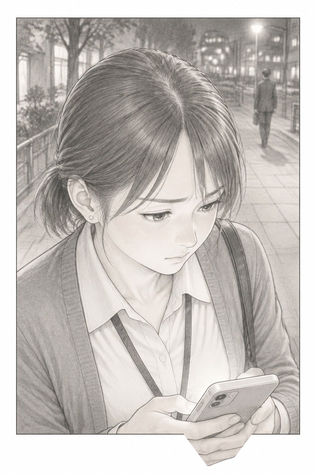若い女性社員の寄り。立ち止まり、両手で持ったスマートフォンを見下ろす。口は固く結ぶ。奥の歩道に遠ざかる人影。街灯の白い明かり。少し上から。