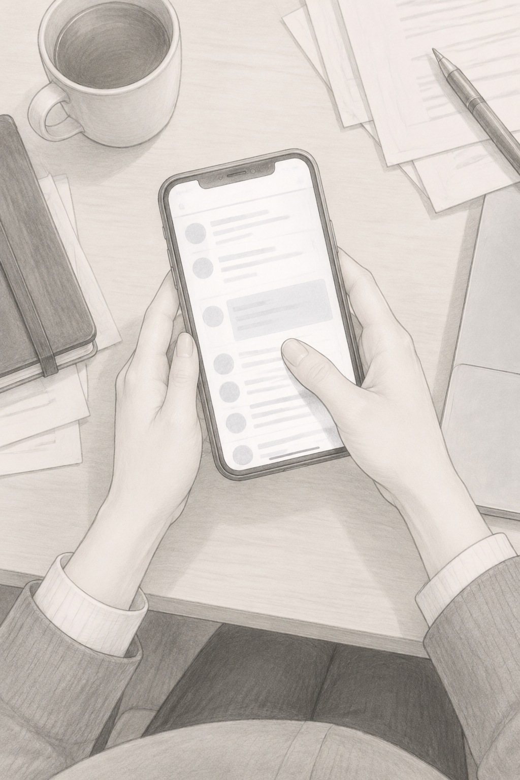 (さっきの事)真上から杏奈の手元。自分の席で、スマホの申し込みの画面(字は読めない)に親指が乗る。机にカップと手帳と紙。