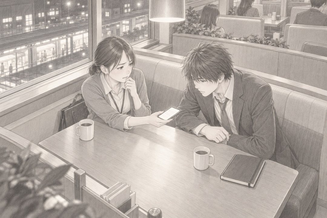 夜の駅前のファミレスの角の席。左に肩までの黒髪を後ろで結んだ若い女性が、スマートフォンの画面を右の若い男性へ差し出し、男性が身をかがめてのぞきこむ。テーブルに手帳とカップ2つ。窓の外は夜の駅前の明かり。少し上から。