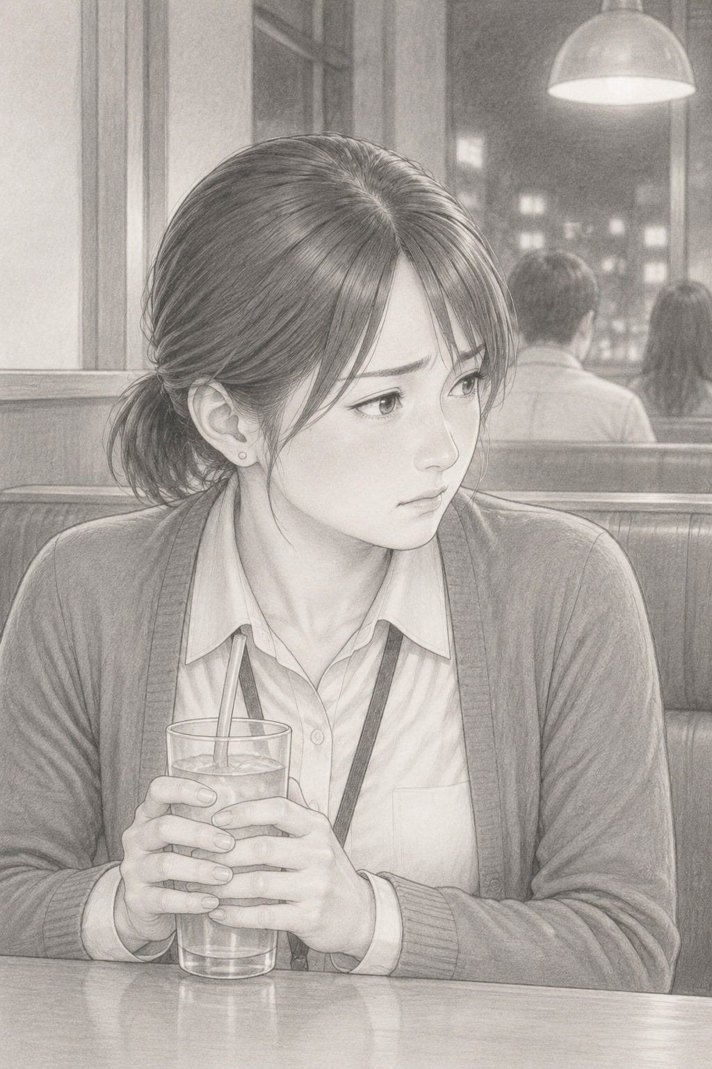 若い女性の胸から上。ファミレスのコップを両手で包む。