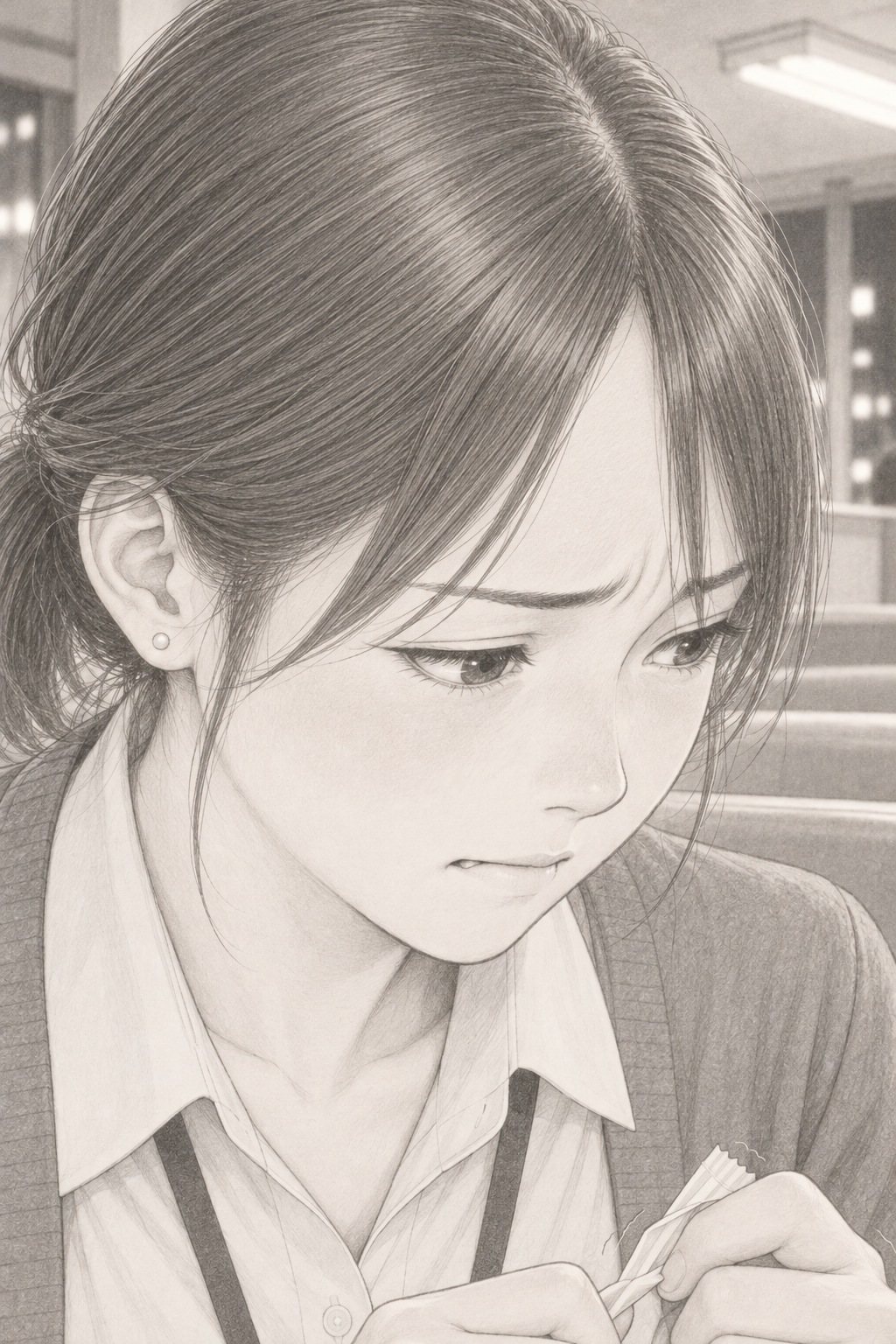 若い女性の寄り。ストローの袋を指先でくるくる巻きながら、目を伏せる。ファミレスの白い明かり。少し上から。