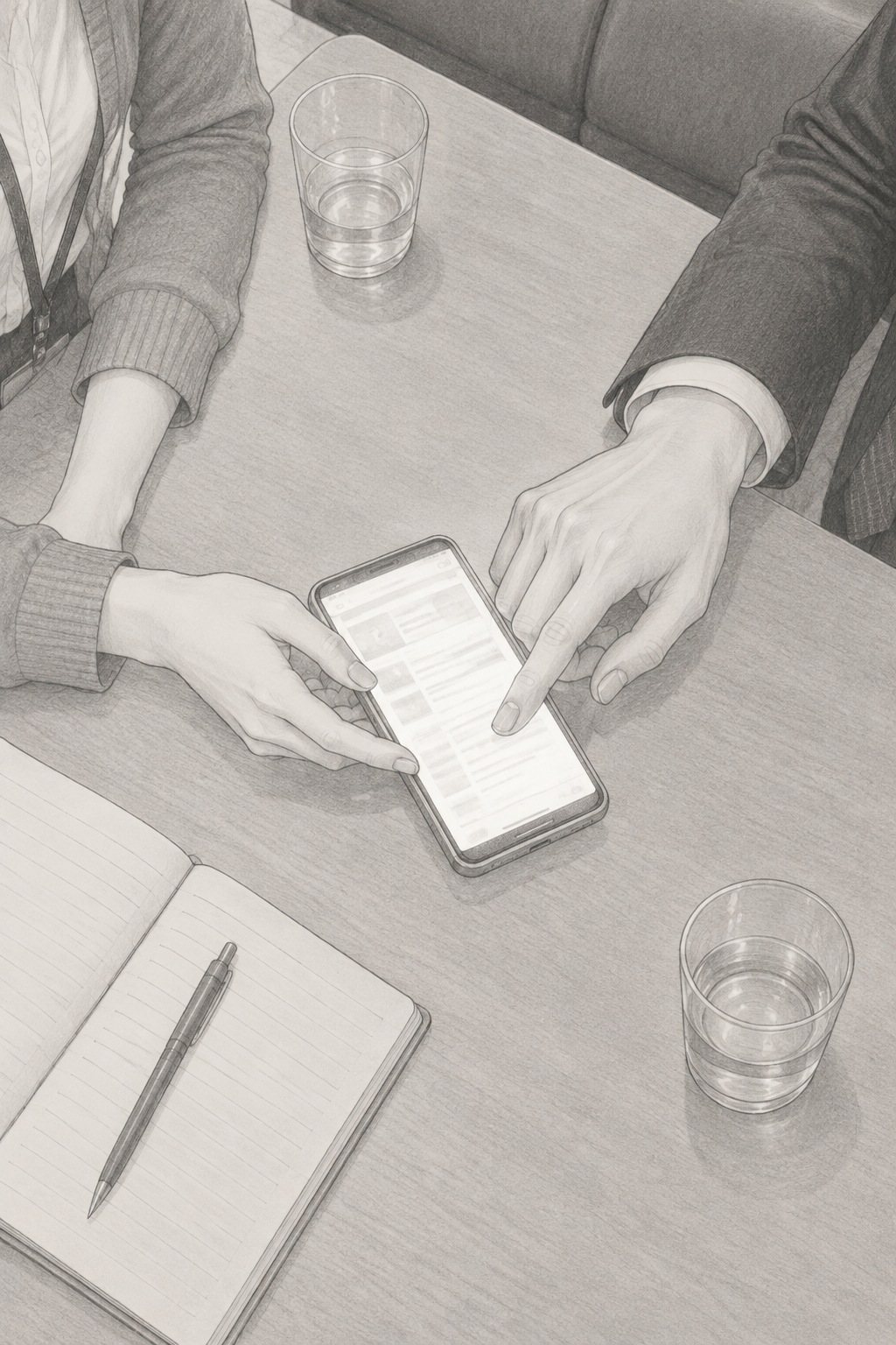 ファミレスのテーブルを真上から。2人の手が1つのスマートフォンを挟み、男性の指が画面をなぞる。横に開いた手帳とボールペン、飲みかけのグラス2つ。画面は白い光と線だけ。