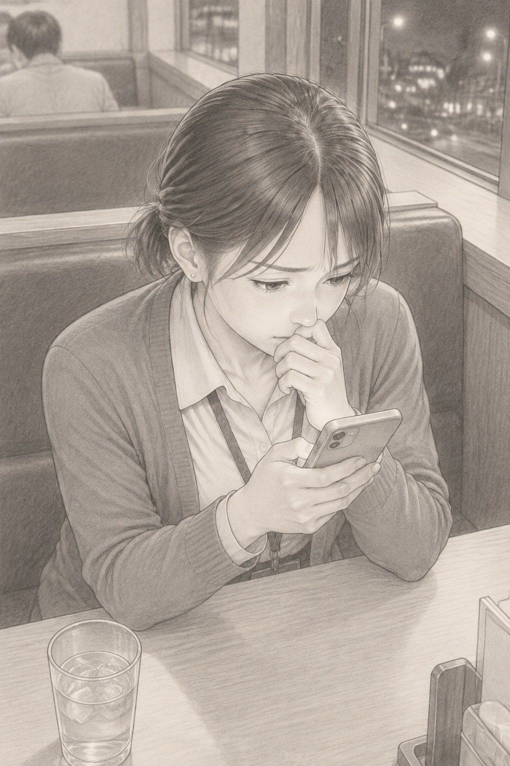 若い女性の寄り。片手でスマートフォンを握り、もう片手を口元に当てて、眉を下げる。ファミレスの白い明かり。少し上から。