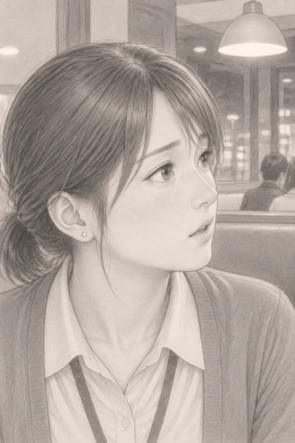 若い女性の横顔の寄り。顔を上げて聞き返す。