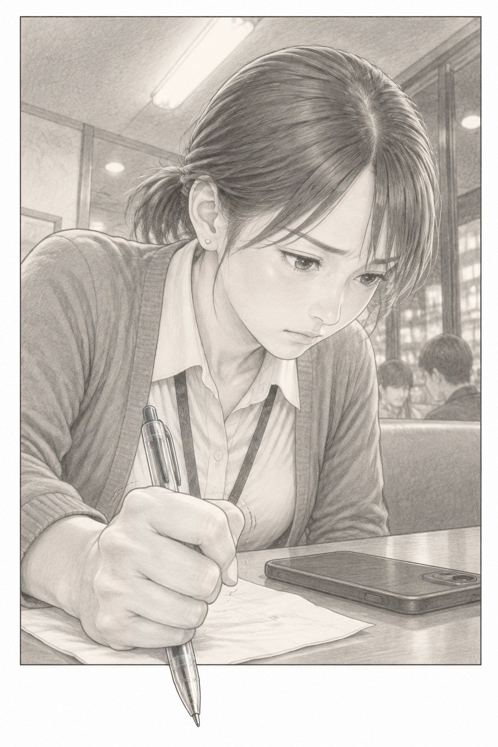 若い女性の寄り。スマートフォンを伏せてテーブルに置き、紙ナプキンの上でボールペンを握る。ペンの先が下の枠を越える。目に決意。ファミレスの白い明かり。少し上から。