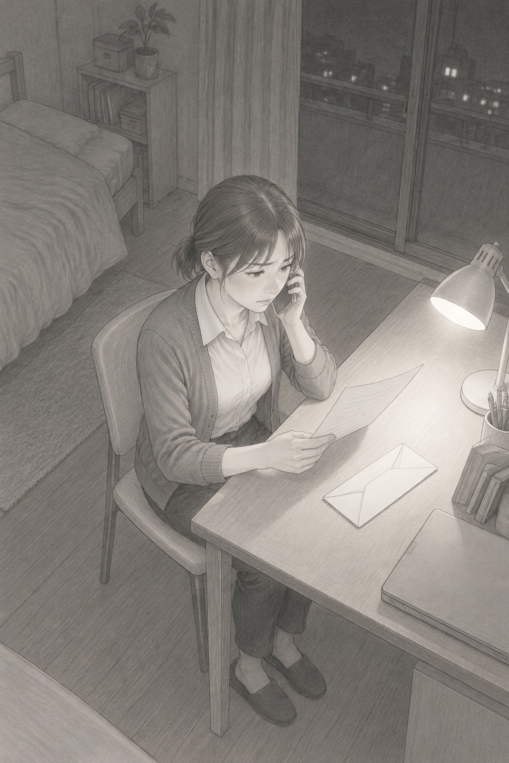 夜の小さなアパートの部屋。机の電気スタンドの白い明かりの下で、若い女性が便箋に向かい、片手でスマートフォンを耳に当てる。机に白い封筒。窓の外は夜。斜め上から。