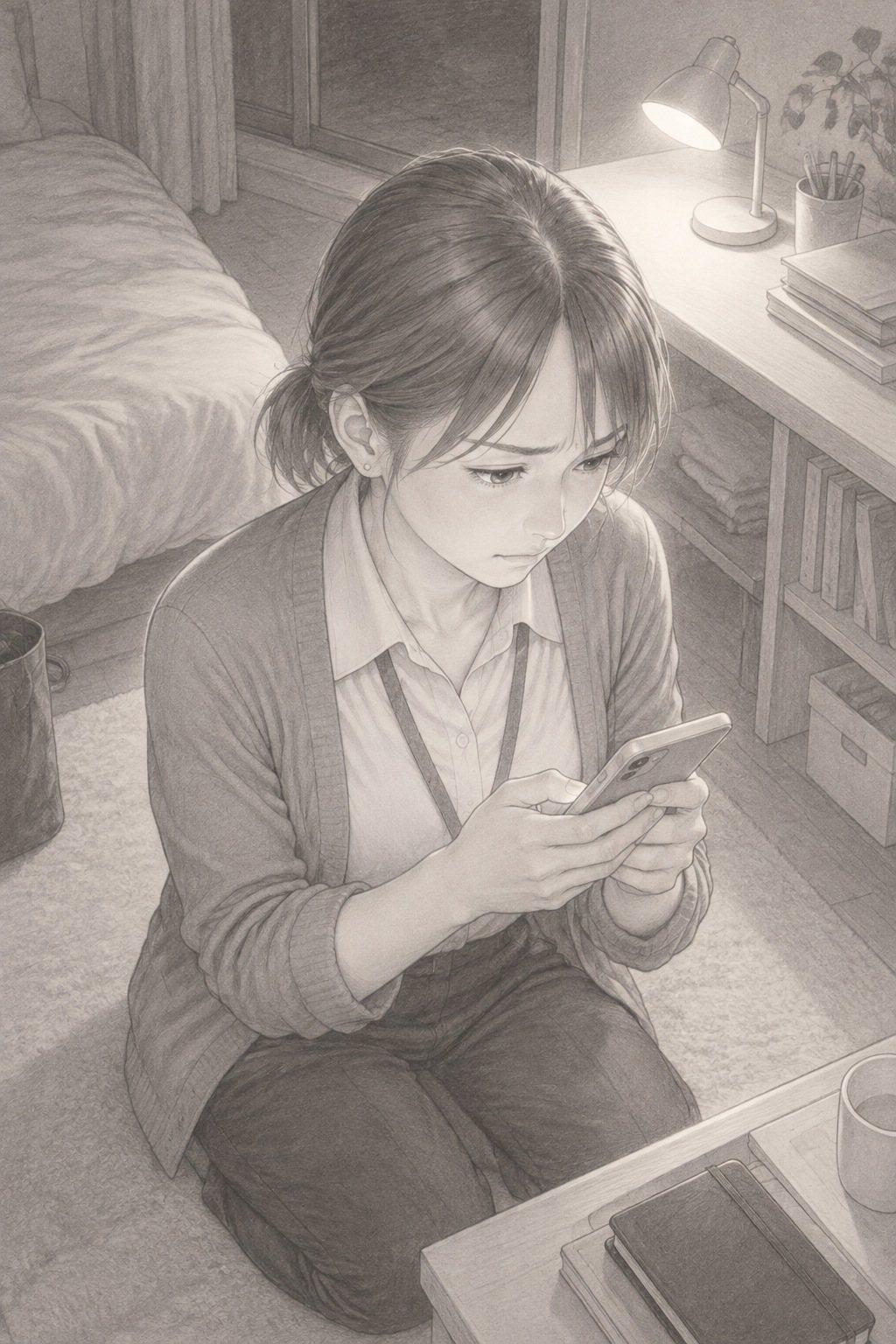電話を切った後の杏奈を少し上から。夜の部屋で床に正座し、スマホを両手で持って打つ。
