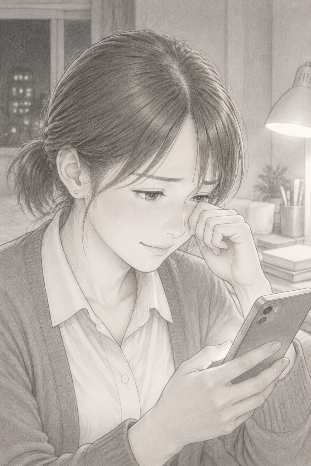 若い女性の寄り。スマートフォンの画面（白い光と線だけ）を見て、目のふちをぬぐいながら小さく笑う。電気スタンドの白い明かり。目の高さ。